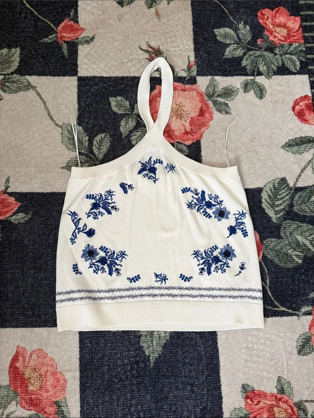 LOFT Cream Halter Camisole with Blue Floral Embroidery - Picture 1 of 4